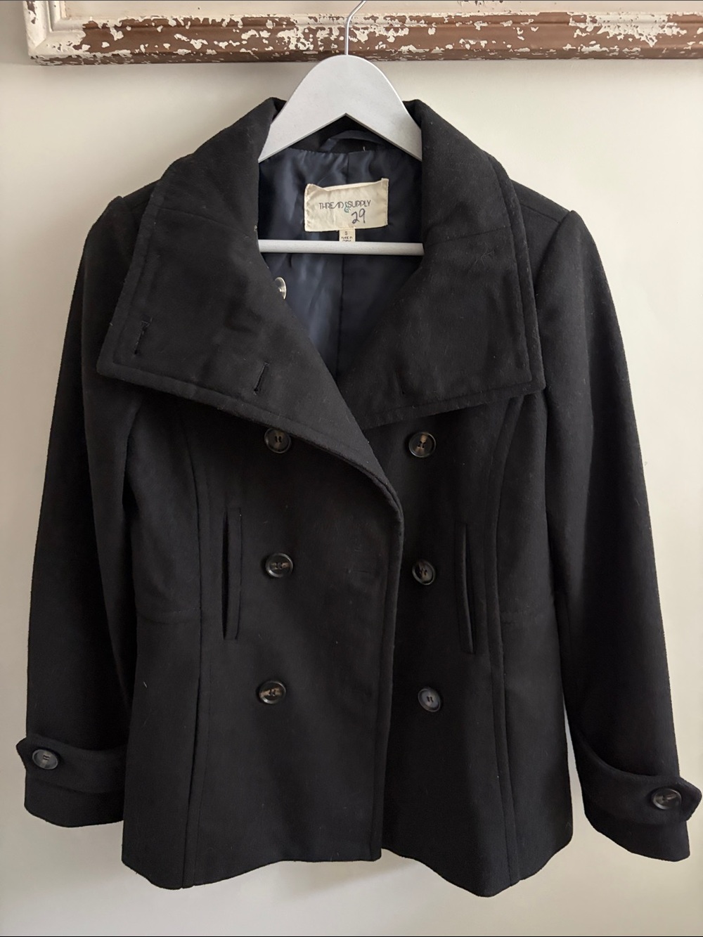 Thread & Supply Black Double-Breasted Wool Pea Coat